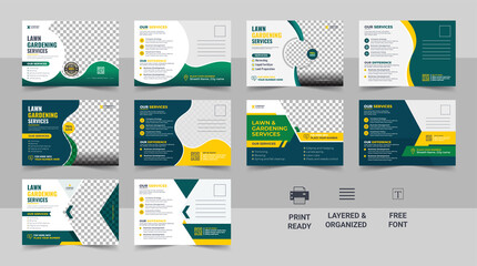 Lawn Mower Garden or Landscaping Service Postcard Template or Agro Firm Eddm Postcard template Set