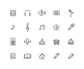 Collection of music class linear icons. Set of music note symbols drawn with thin contour lines. Vector illustration.