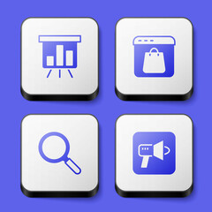 Set Board with graph chart, Online shopping on screen, Magnifying glass and Megaphone icon. White square button. Vector