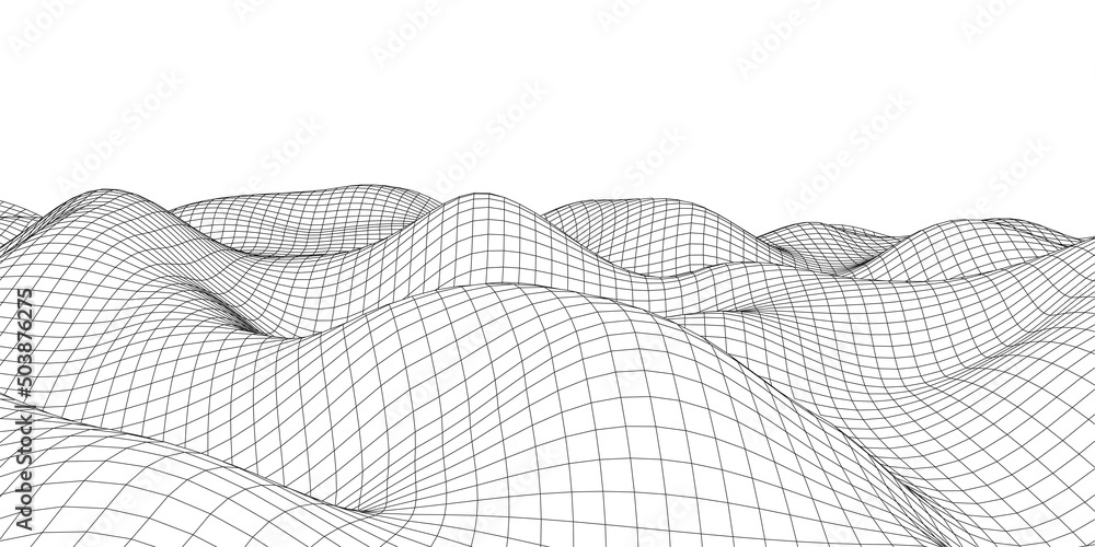 Poster digital wavy wireframe landscape. futuristic linear undulating terrain. digital cyberspace in mounta