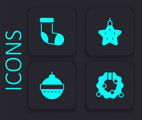 Set Christmas wreath, stocking, star and ball icon. Black square button. Vector