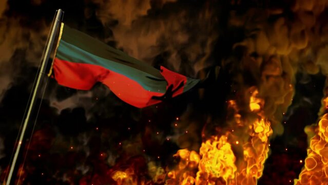waving Donetsk Peoples Republic flag on burning fire backdrop - crysis concept