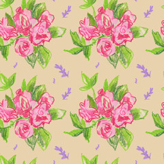 Seamless pattern with a garden drawn with wax crayons on a kraft background.Botanical print with oil pastels in a children's style.Designs for wrapping paper,packaging,notebook covers,textiles,fabric.