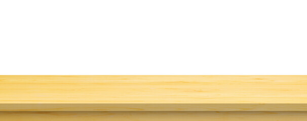 Empty wooden table top isolated on white background for product display montage