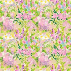 Seamless pattern with a garden drawn with wax crayons on a kraft background.Botanical print with oil pastels in a children's style.Designs for wrapping paper,packaging,notebook covers,textiles,fabric.