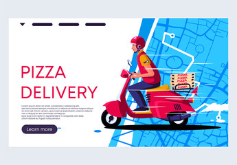 Vector illustration of a banner template for a website, pizza delivery, a young man on a red scooter, a pizza delivery boy, a map of the way to the delivery point