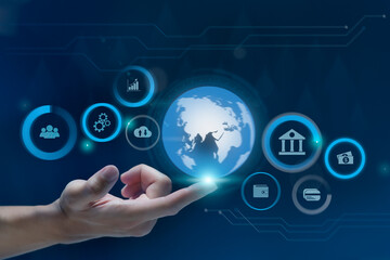 Businessman touches virtual screen technology to do online transactions via internet Connect data to the world. concept of global data connection by internet technology, big data system.