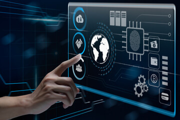 Businessman touches virtual screen technology to do online transactions via internet Connect data to the world. concept of global data connection by internet technology, big data system.