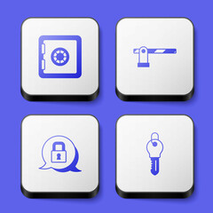 Set Safe, Parking car barrier, Lock and Key icon. White square button. Vector