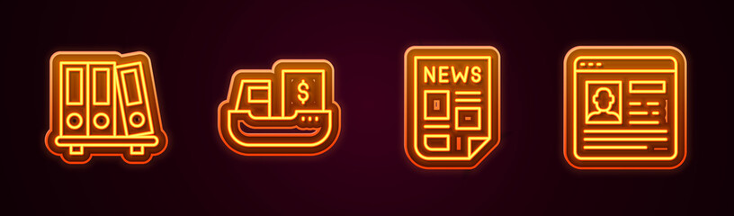 Set line Office folders, Cargo ship with boxes delivery, News and Resume. Glowing neon icon. Vector