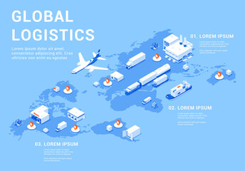 Global logistic network on map banner with place for text vector isometric illustration. Truck transportation ship and airplane cargo delivery distribution export import goods international trade