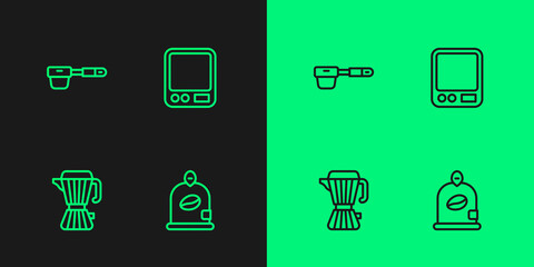 Set line Bag of coffee beans, Coffee maker moca pot, filter holder and Electronic scales icon. Vector