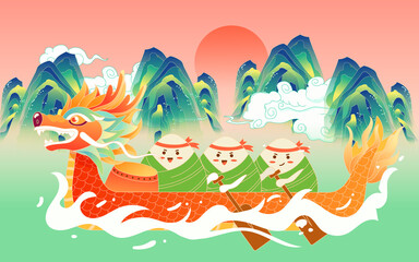 Dragon Boat Festival people racing dragon boats in the river with waves and zongzi in the background, vector illustration