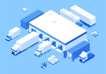 Truck transportation parked unloading box pallet at warehouse isometric vector illustration. Freight export import shipment cargo delivery service storehouse supply industrial business container - obrazy, fototapety, plakaty