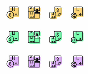 Set line Waybill, Carton cardboard box, Warehouse with boxes and Gear package icon. Vector