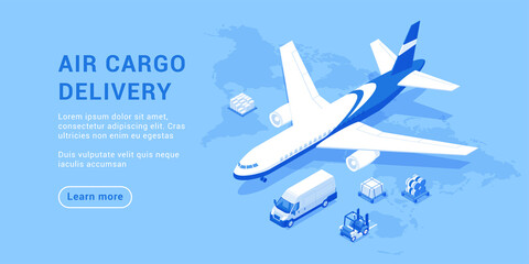 Air cargo delivery landing page isometric vector illustration. Global logistic transportation commercial service fast freight distribution. Aircraft airplane goods shipping express import export - obrazy, fototapety, plakaty