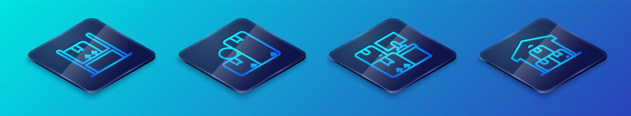 Set Isometric line Warehouse with boxes, interior, Full warehouse and Carton cardboard icon. Vector