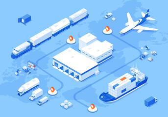Logistic map delivery way international shipment air truck maritime train isometric vector illustration. Global cargo transportation import export distribution information banner automation technology - obrazy, fototapety, plakaty