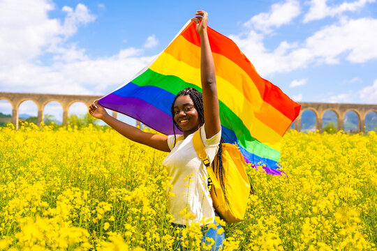 A smiling black ethnic girl with braids holding the LGBT flag in a field of yellow flowers, pride day, lesbian free women concept