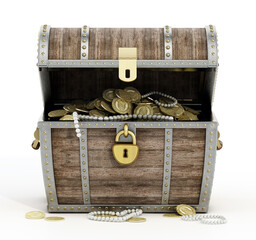 Treasure chest full of antique gold coins and jewels isolated on white background. 3D illustration