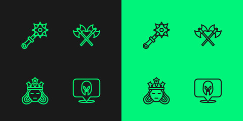 Set line Medieval helmet, Princess or queen, Mace with spikes and Crossed medieval axes icon. Vector