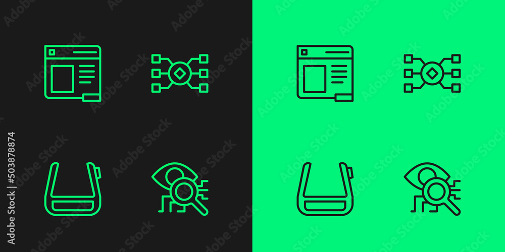 Poster set line eye scan, smart glasses on spectacles, browser window and neural network icon. vector