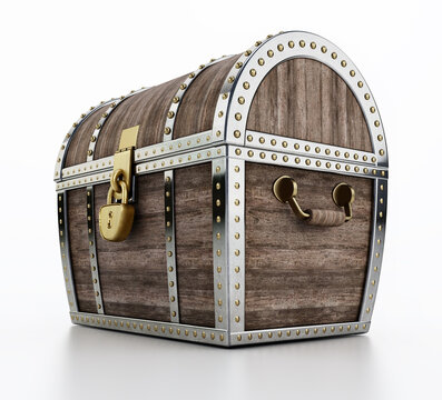 Treasure chest full of antique gold coins and jewels isolated on white background. 3D illustration