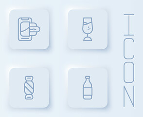 Set line Food ordering on mobile, Wine glass, Candy and Bottle of wine. White square button. Vector