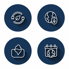 Set line Electric saving plug in leaf, Earth with shield, Iceberg and World day with long shadow. Blue circle button. Vector