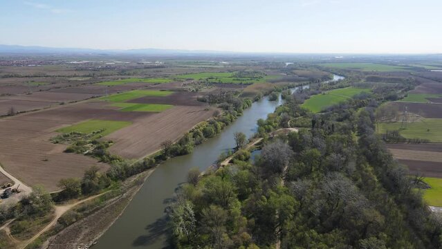Aerial view of Chepelarska River, pouring into the Maritsa River near city of Plovdiv, Bulgaria