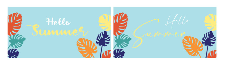 Obraz premium Set of posters with text hello summer with colorful monstera leaves on blue background
