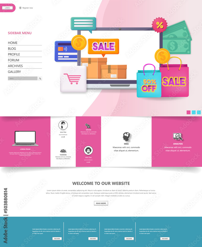 Canvas Prints colorful website template with webshop elements.