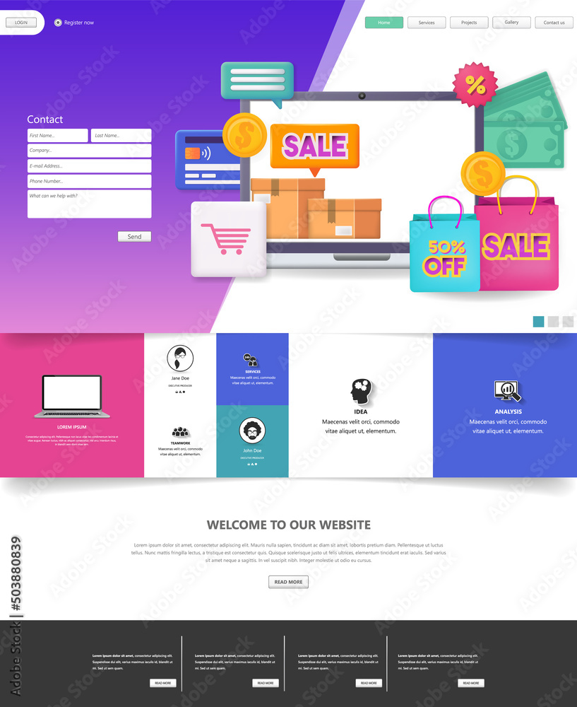 Canvas Prints colorful website template with webshop elements.