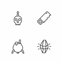 Set line Magic stone, Witch cauldron, Burning candle skull and Hand saw icon. Vector