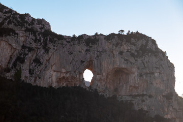 Scenic view on rock formation Montepertuso Il Buco on hiking trail Path of Gods between Positano...