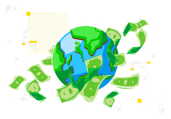 Vector illustration of paper money flying around the planet earth,and money circulation in the world