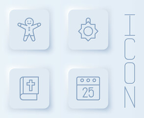 Set line Holiday gingerbread man cookie, Christmas toy, Holy bible book and calendar. White square button. Vector