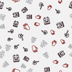 Set line Medieval axe, Blacksmith anvil tool, oven and Protective gloves on seamless pattern. Vector