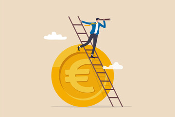 Europe economy forecast or vision, EU financial or economics recession ahead, look to see future concept, businessman investor climb up ladder on Euro money coin look on telescope for clear vision. - obrazy, fototapety, plakaty