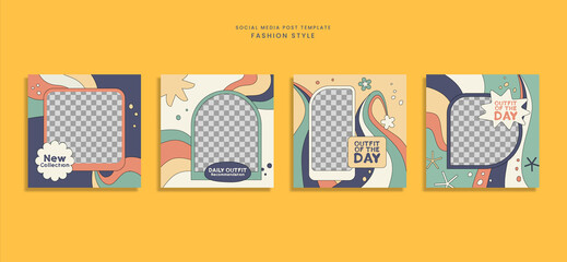 Set of groovy fashion style social media post template