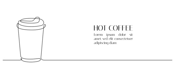 One continuous line drawing of paper cup of hot coffee. Minimalist icon concept of energy morning and drink to go in simple linear style. Editable stroke. Doodle Vector illustration