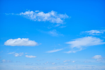 Blue sky with white cumulus clouds. Bright sunny day with cloudy sky