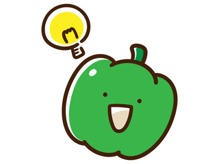 電球マークでひらめくピーマンのかわいいキャラクター手書き風イラスト