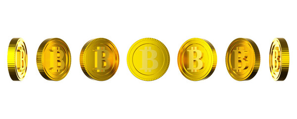 Golden coin, Bitcoin, isolated on white background. 3d rendering.