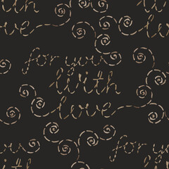 Watercolor seamless pattern with vintage stitch embroidery isolated on dark background. Needlework collection.