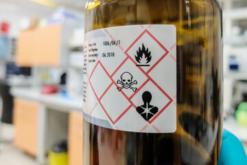 A glass bottle with liquid chemical that is easily flammable, acutely toxic, and poses serious...