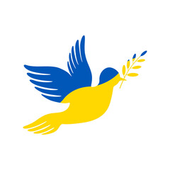 Flag of Ukraine with a dove of peace icon vector. Russian ukrainian conflict symbol. Peace dove with ukrainian flag icon isolated