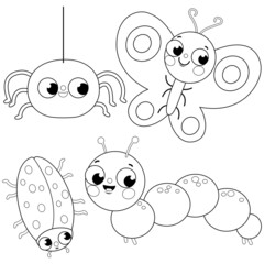 Set of cute bugs. A spider, a butterfly, a beetle and a caterpillar. Vector black and white coloring page