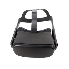 Naklejka premium Modern VR helmet with cameras on the edges isolated on a white background. Top view from the front. Virtual reality glasses for gaming, entertainment and learning.