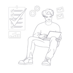 Young man is sitting and holding laptop. Vector illustration.